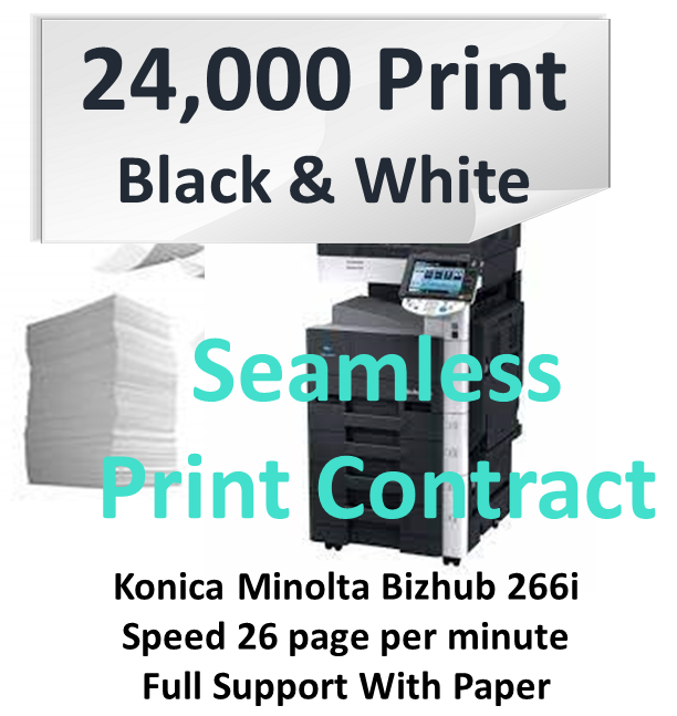 Seamless print package 24,000 Print 2-year contract - Black & White Konica Minolta 266i Multi-function copier 26 page per minute
